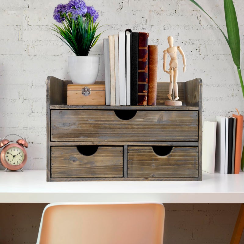 Besti Wooden Office Desk Organizer - Organizing Tool for Desktop, Cubicle, Bedroom, Kitchen - Vintage Style Organization Caddy with Top Tray Shelf & 3 Drawers - 13.6x9x7 Inches (Rustic) - Image 5